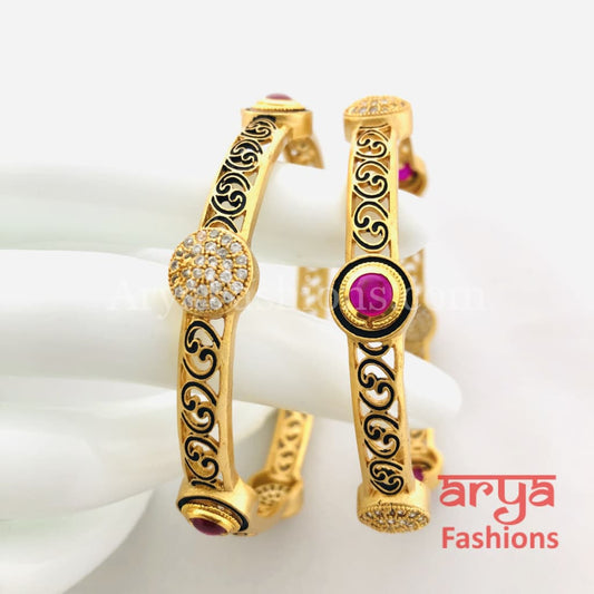 Golden Black Meenakari CZ Bangles with Ruby Kemp Stones