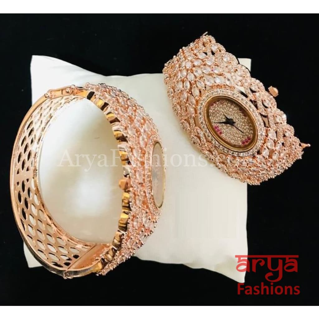 Golden CZ Designer Ladies Watch/ Rose Gold Silver Bridal Stone Female Wrist Hip