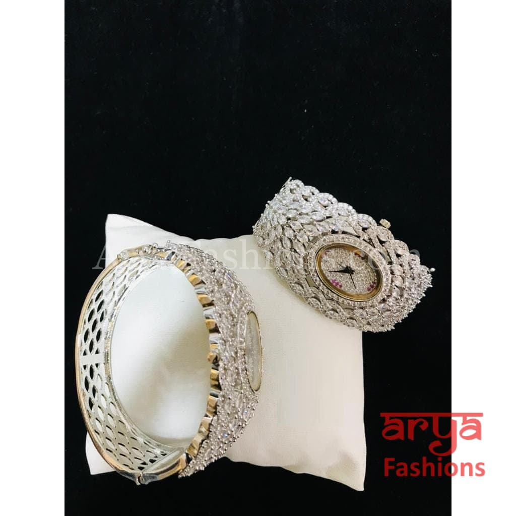 Golden CZ Designer Ladies Watch/ Rose Gold Silver Bridal Stone Female Wrist Hip