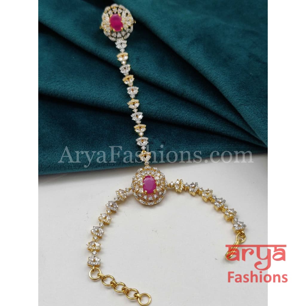 Golden Emerald Designer Hathphool/ Ruby Cubic Zirconia Hand Bracelet pair