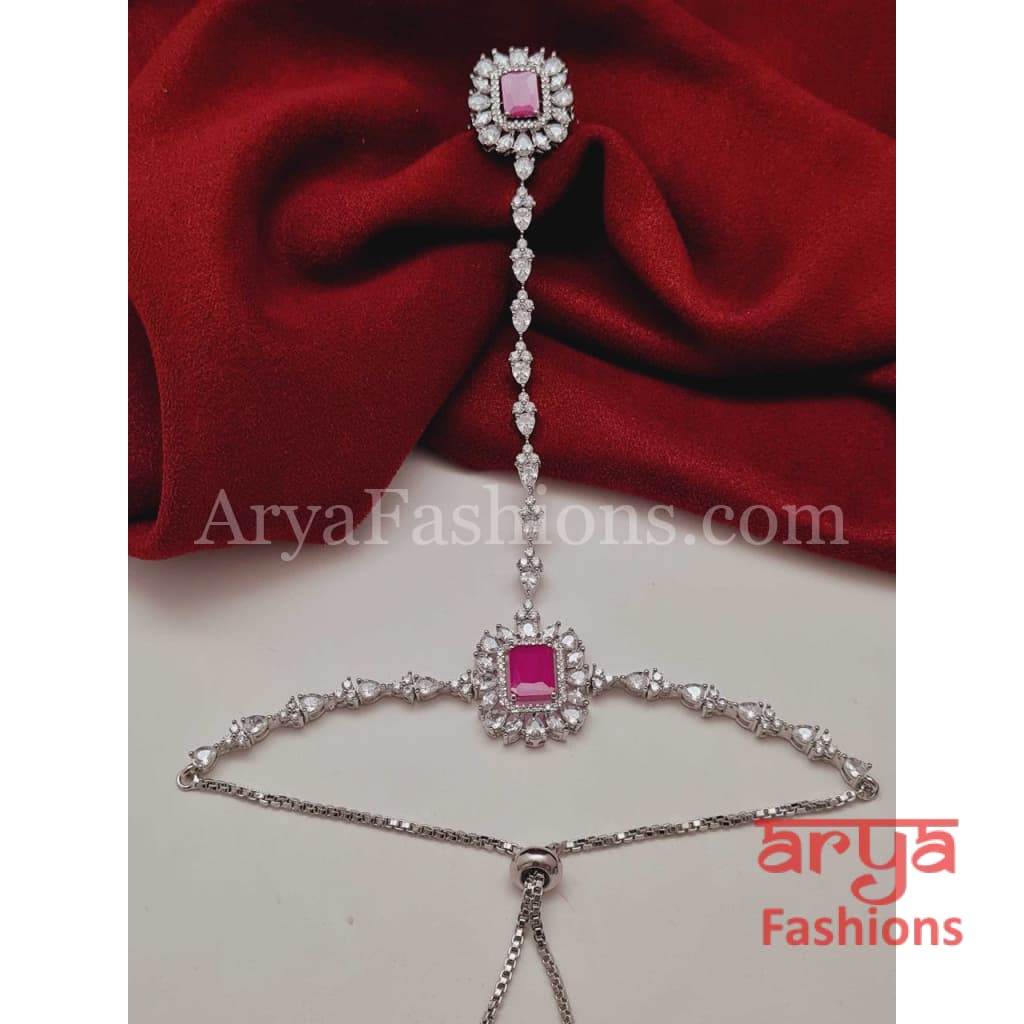 Golden Green Designer Hathphool/ Pink Cubic Zirconia Hand Bracelet pair