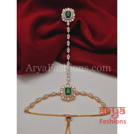Golden Green Designer Hathphool/ Pink Cubic Zirconia Hand Bracelet pair