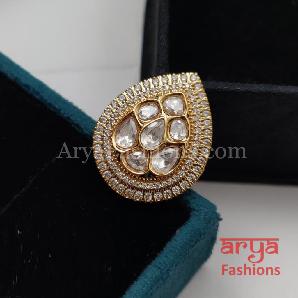 Golden Jadau Adjustable Kundan Ring with CZ Stones