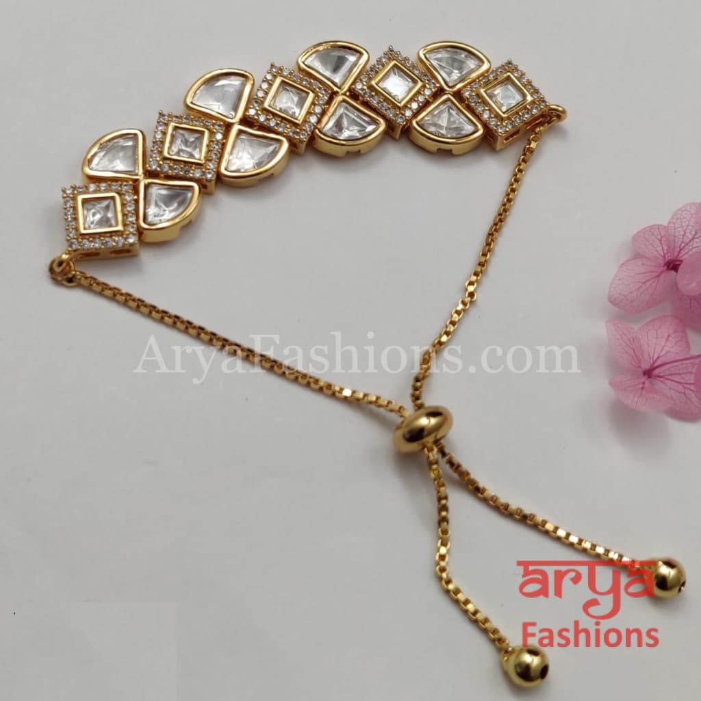 Golden Kundan CZ Chain Bracelet/ Adjustable Rakhi Bracelet for Girls