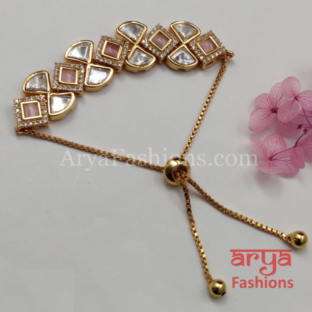 Golden Kundan CZ Chain Bracelet/ Adjustable Rakhi Bracelet for Girls