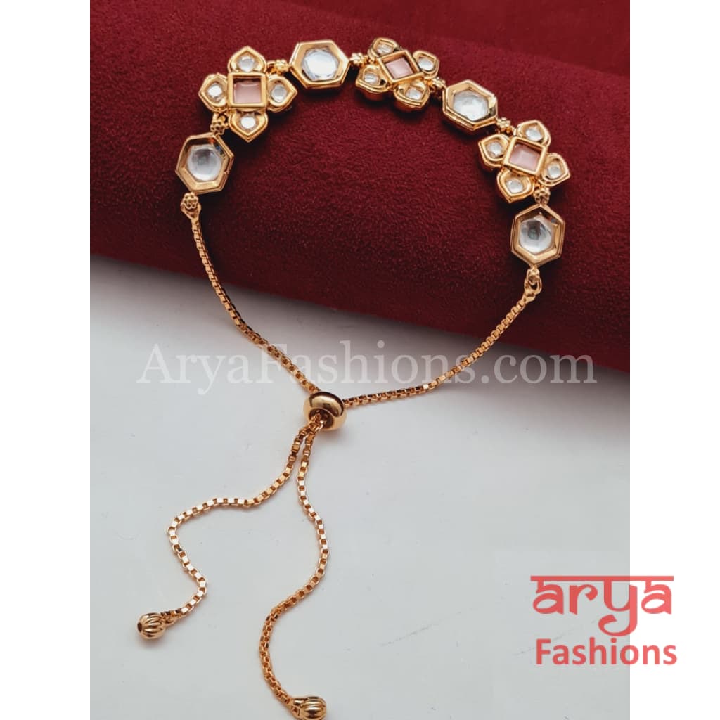 Golden Kundan CZ Chain Bracelet/ Adjustable Rakhi Bracelet for Girls