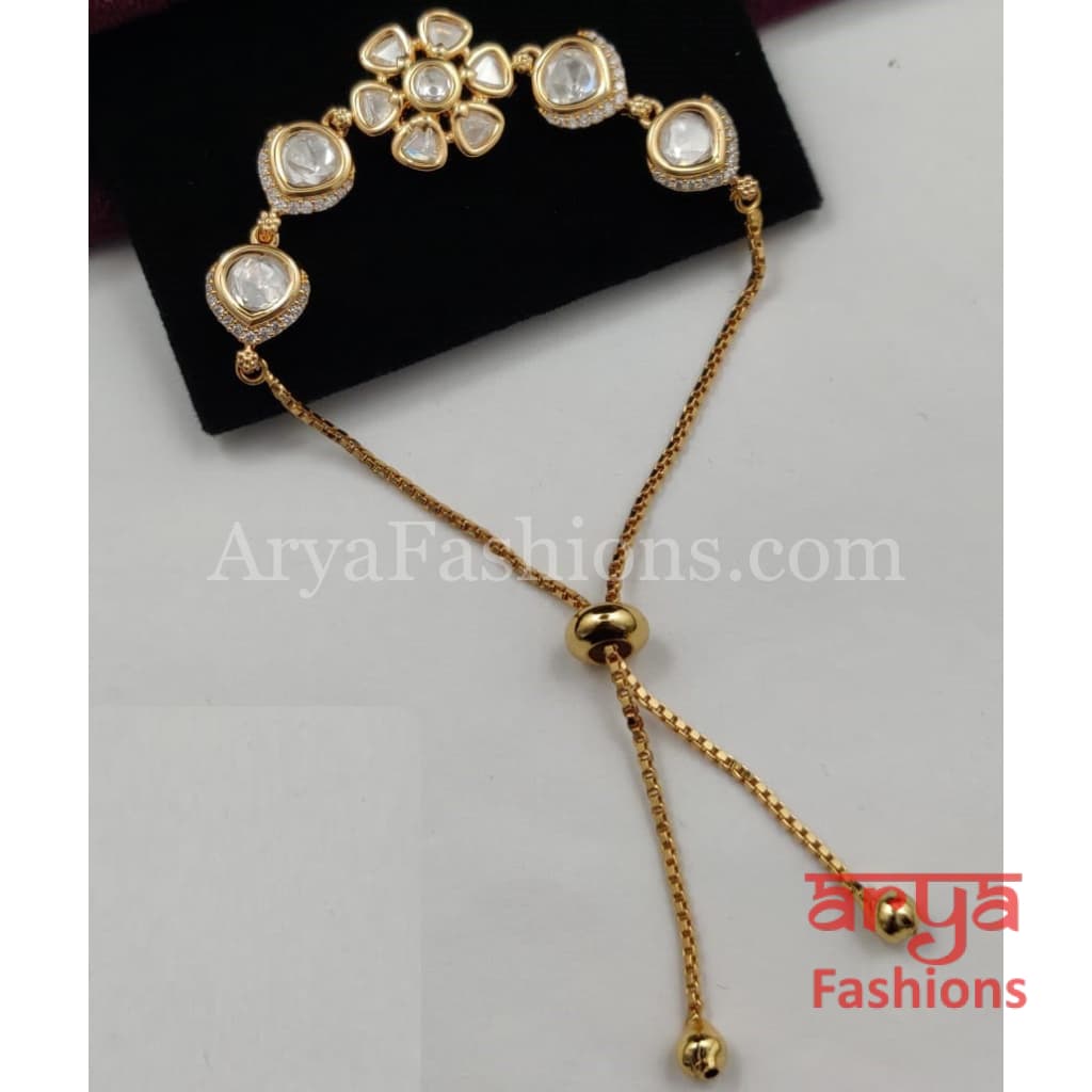 Golden Kundan CZ Chain Bracelet/ Adjustable Rakhi Bracelet for Girls