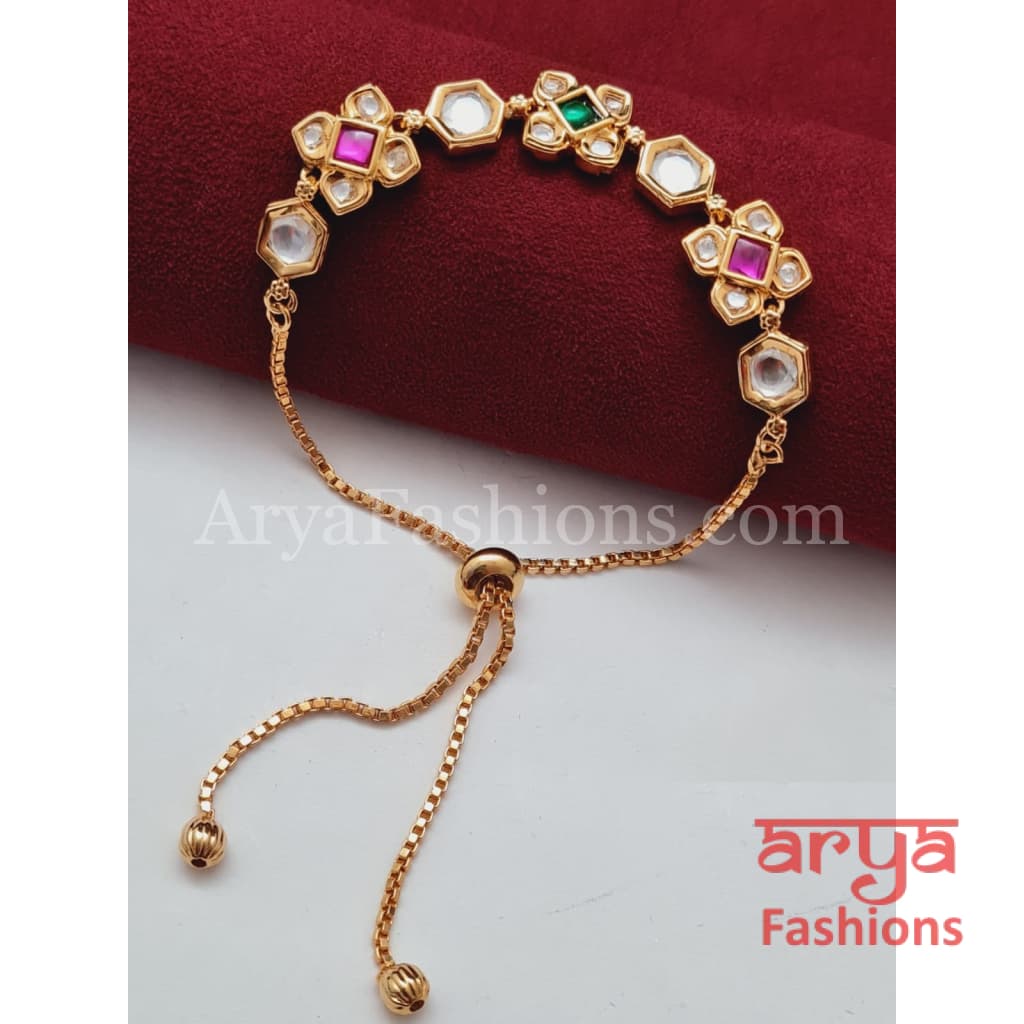 Golden Kundan CZ Chain Bracelet/ Adjustable Rakhi Bracelet for Girls