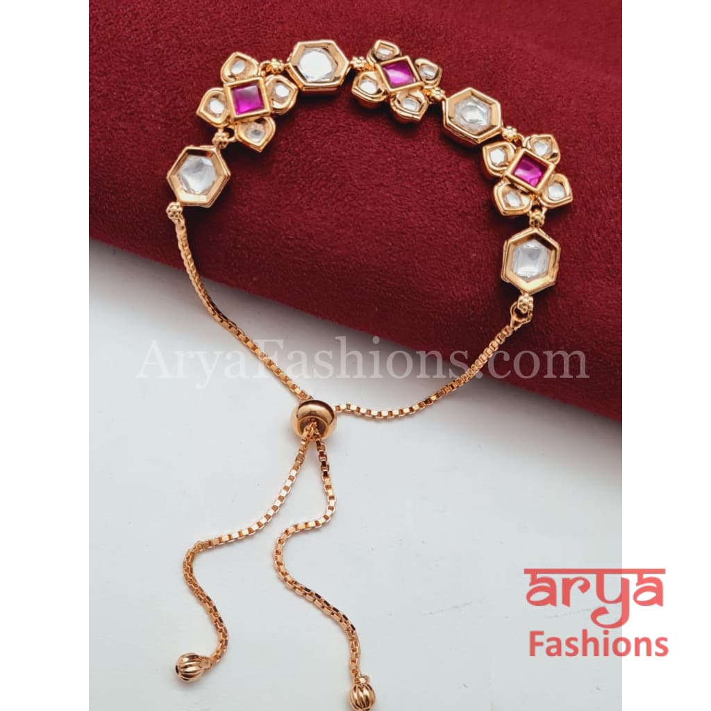 Golden Kundan CZ Chain Bracelet/ Adjustable Rakhi Bracelet for Girls