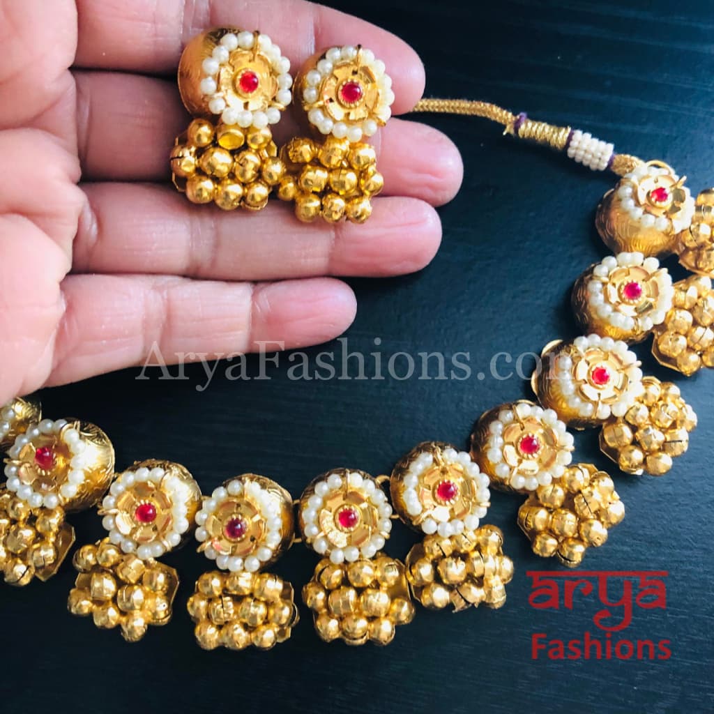 Golden Rajwadi Kundan necklace/ Gray Bollywood Statement Necklace