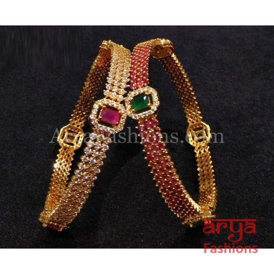 Golden Ruby Emerald Handcrafted Kada Bangles with CZ Stones 2.4,2.6,2.8