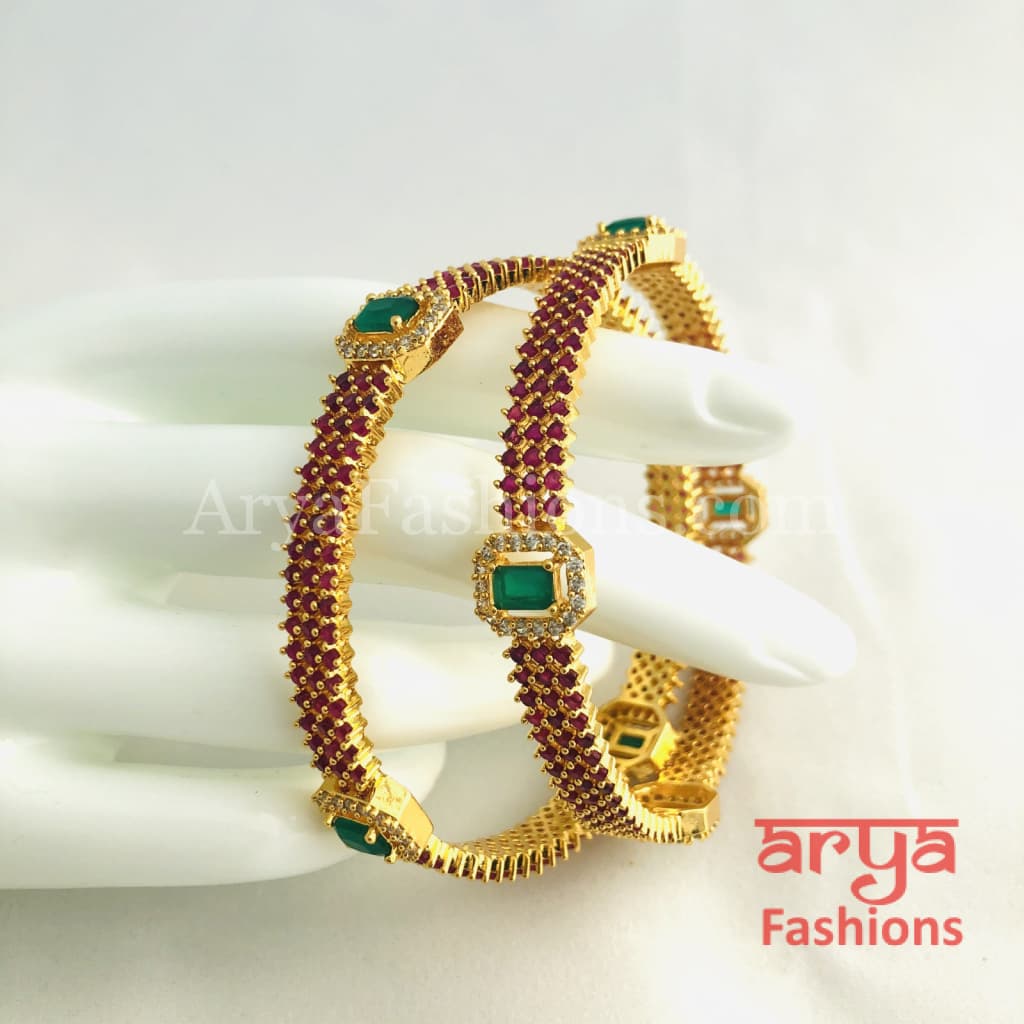 Golden Ruby Emerald Handcrafted Kada Bangles with CZ Stones 2.4,2.6,2.8