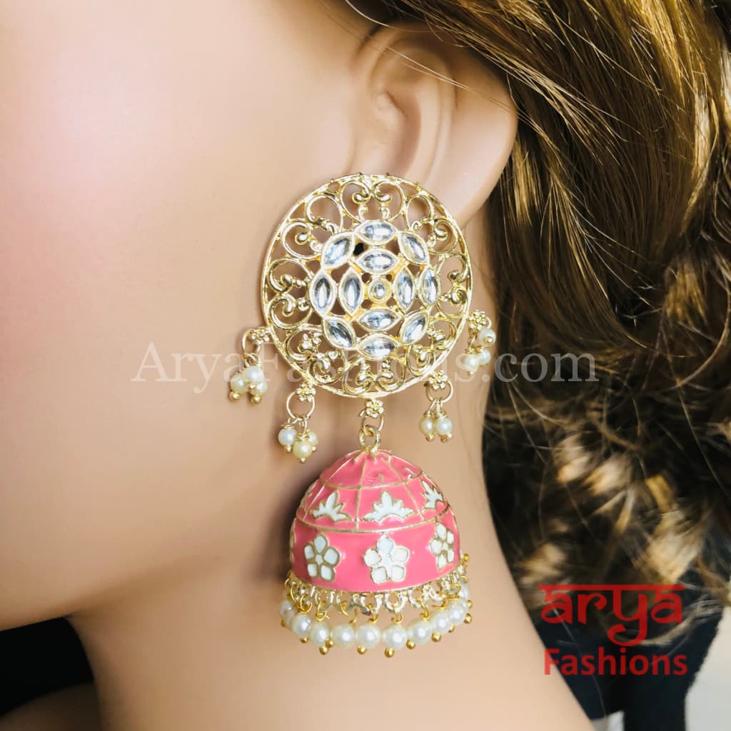 Gray Green Red Black Meenakari Traditional Golden Jhumka Earrings