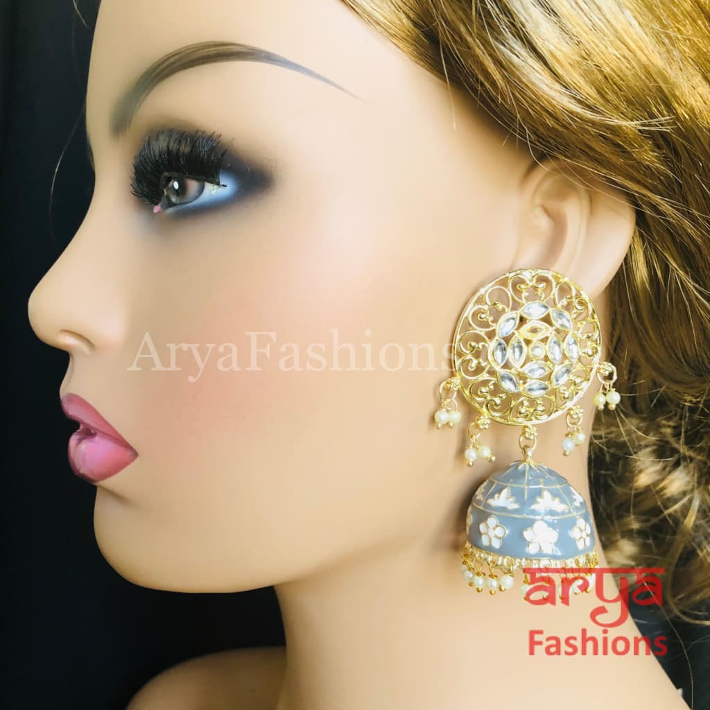 Gray Green Red Black Meenakari Traditional Golden Jhumka Earrings