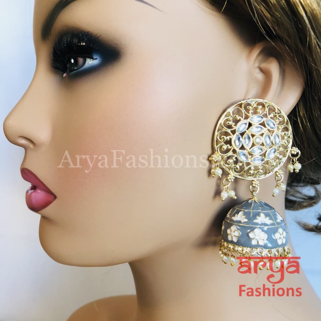 Gray Green Red Black Meenakari Traditional Golden Jhumka Earrings