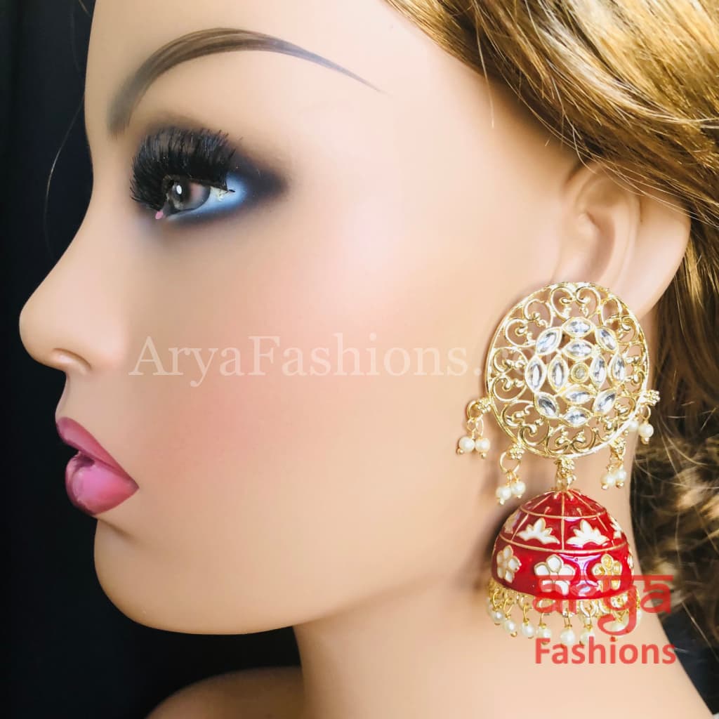 Gray Green Red Black Meenakari Traditional Golden Jhumka Earrings