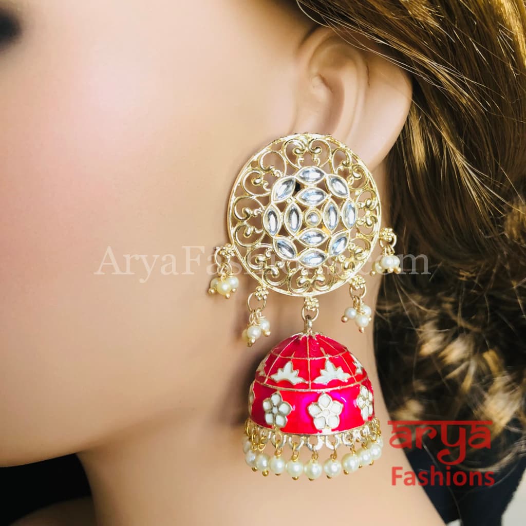 Gray Green Red Black Meenakari Traditional Golden Jhumka Earrings
