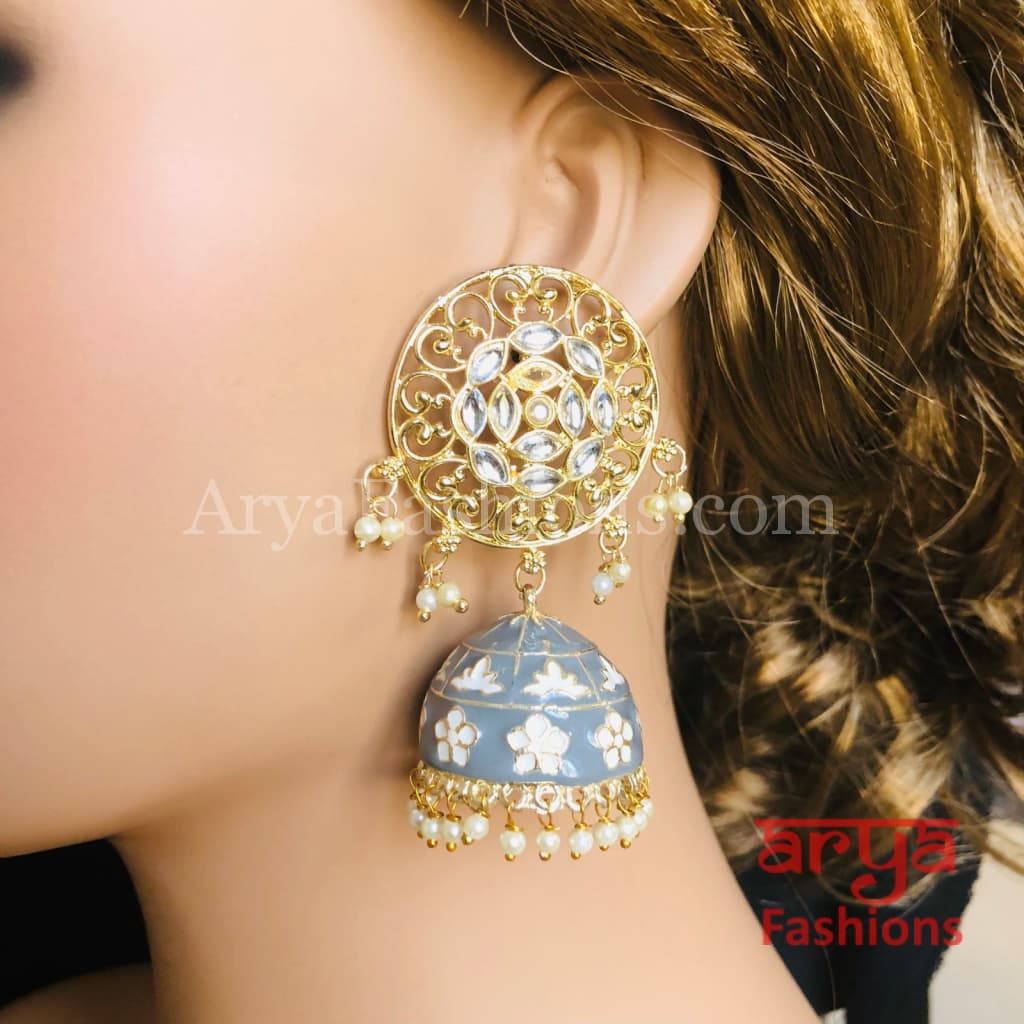 Gray Green Red Black Meenakari Traditional Golden Jhumka Earrings