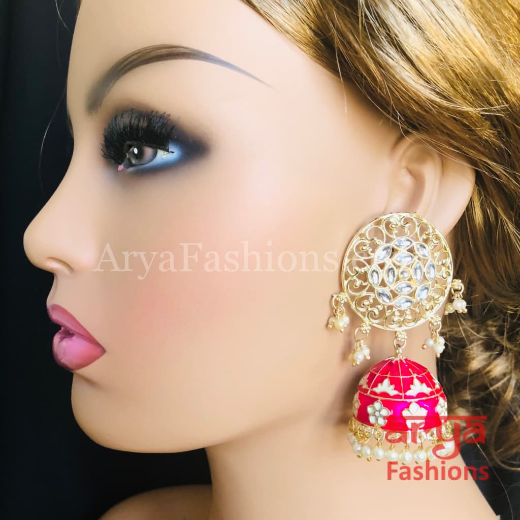Gray Green Red Black Meenakari Traditional Golden Jhumka Earrings
