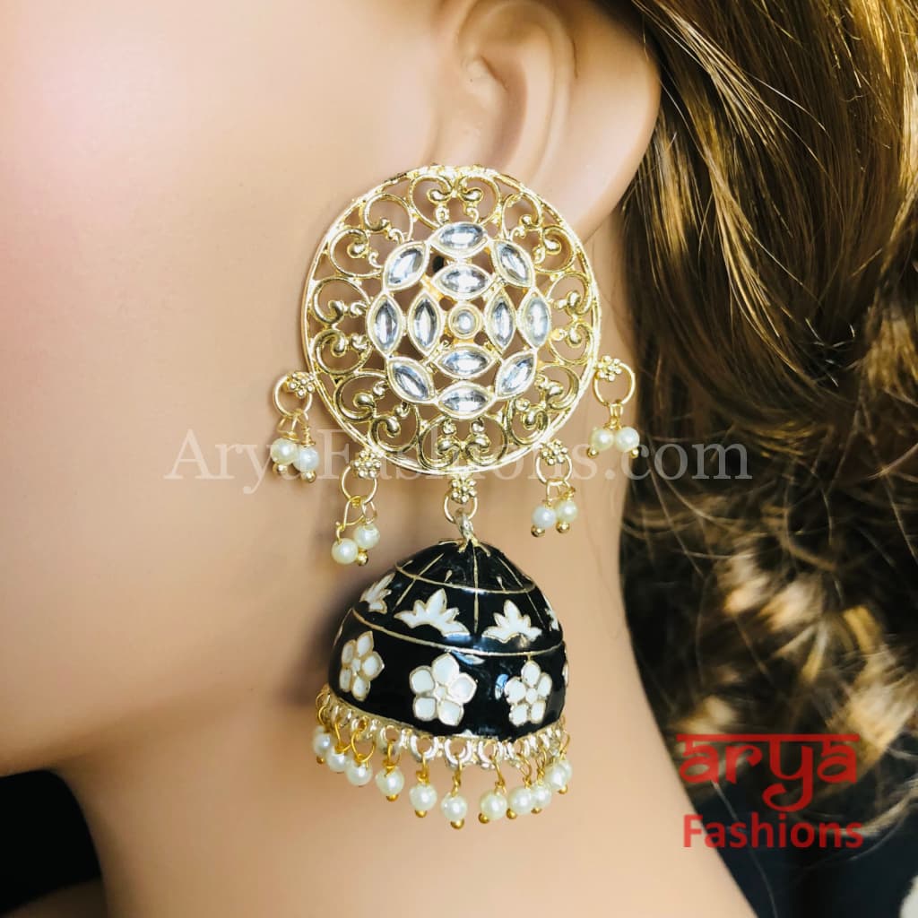 Gray Green Red Black Meenakari Traditional Golden Jhumka Earrings
