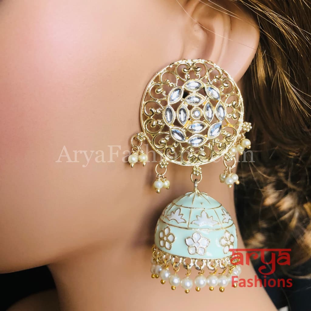 Gray Green Red Black Meenakari Traditional Golden Jhumka Earrings