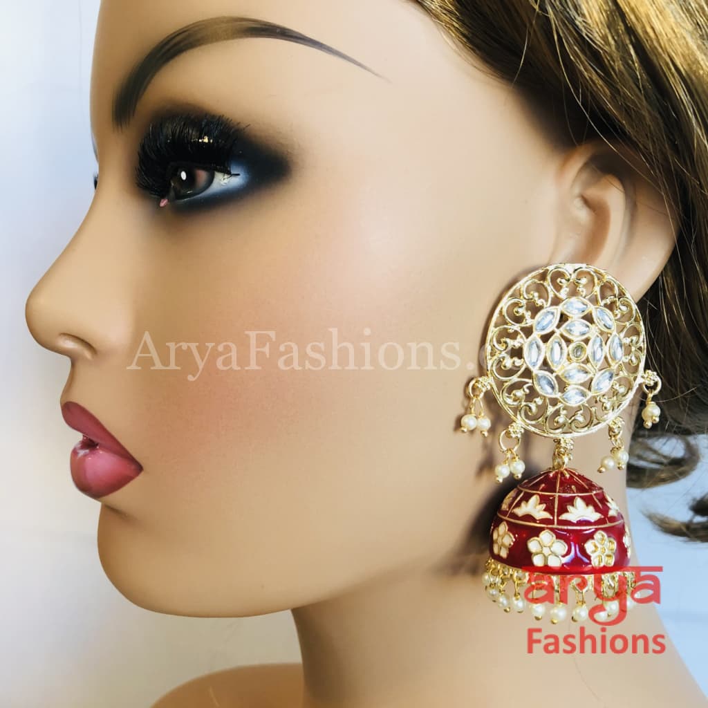 Gray Green Red Black Meenakari Traditional Golden Jhumka Earrings