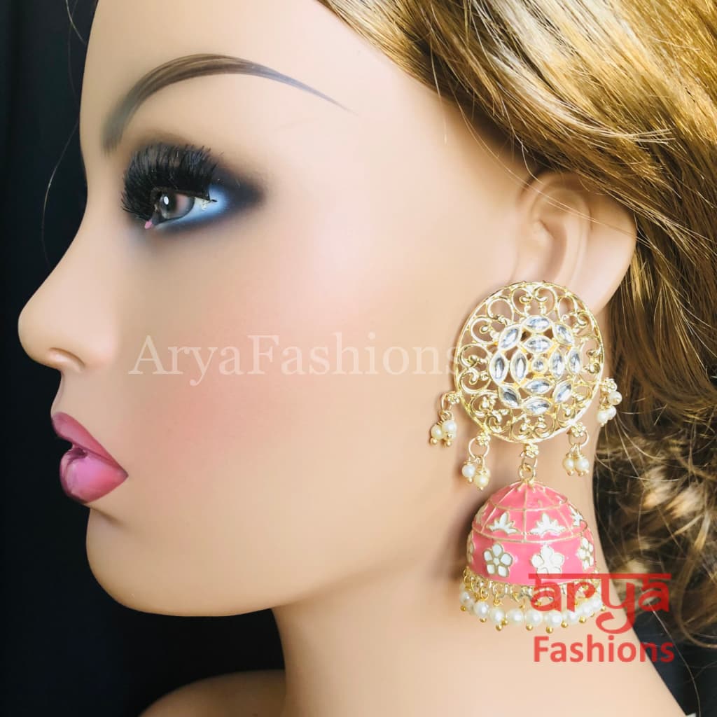 Gray Green Red Black Meenakari Traditional Golden Jhumka Earrings
