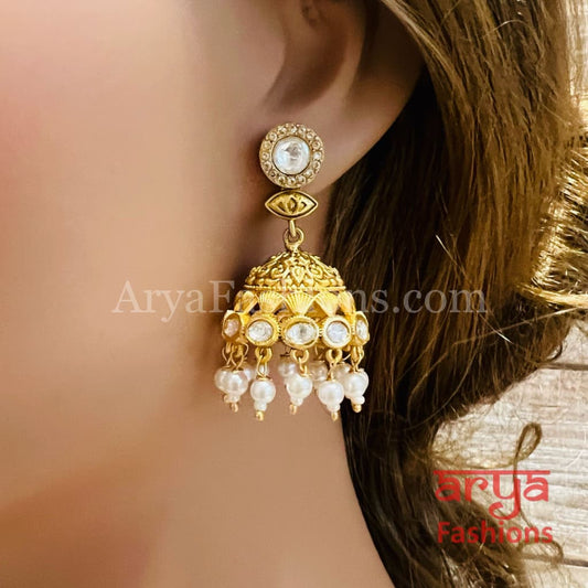 Green Pink Antique Golden Pearl Jhumka