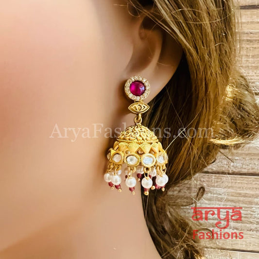 Green Pink Antique Golden Pearl Jhumka
