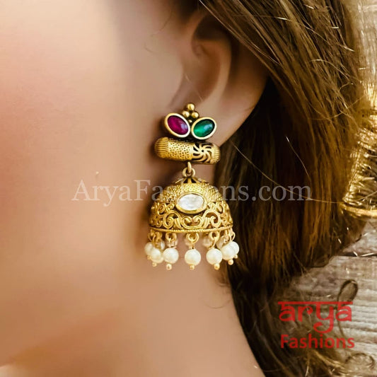 Green Pink Antique Rajwadi Jhumka