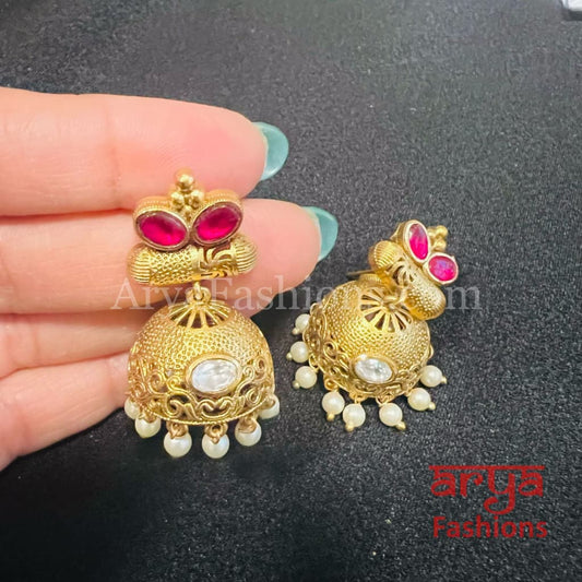 Green Pink Antique Rajwadi Jhumka