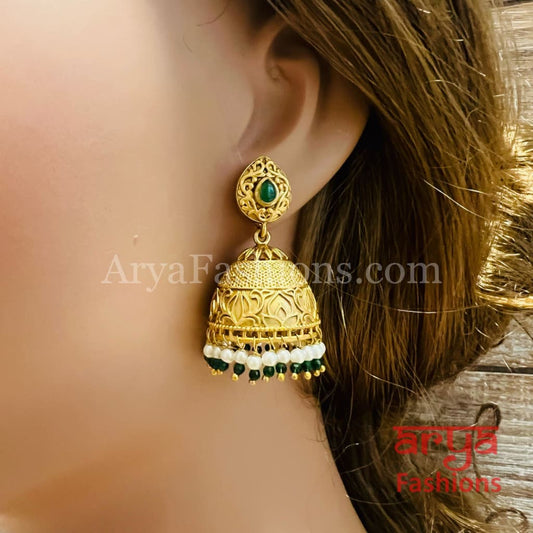 Green Pink Golden Pearl Antique Jhumka