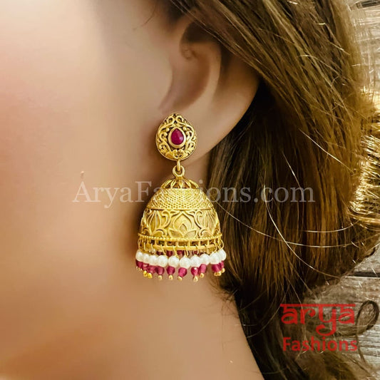 Green Pink Golden Pearl Antique Jhumka