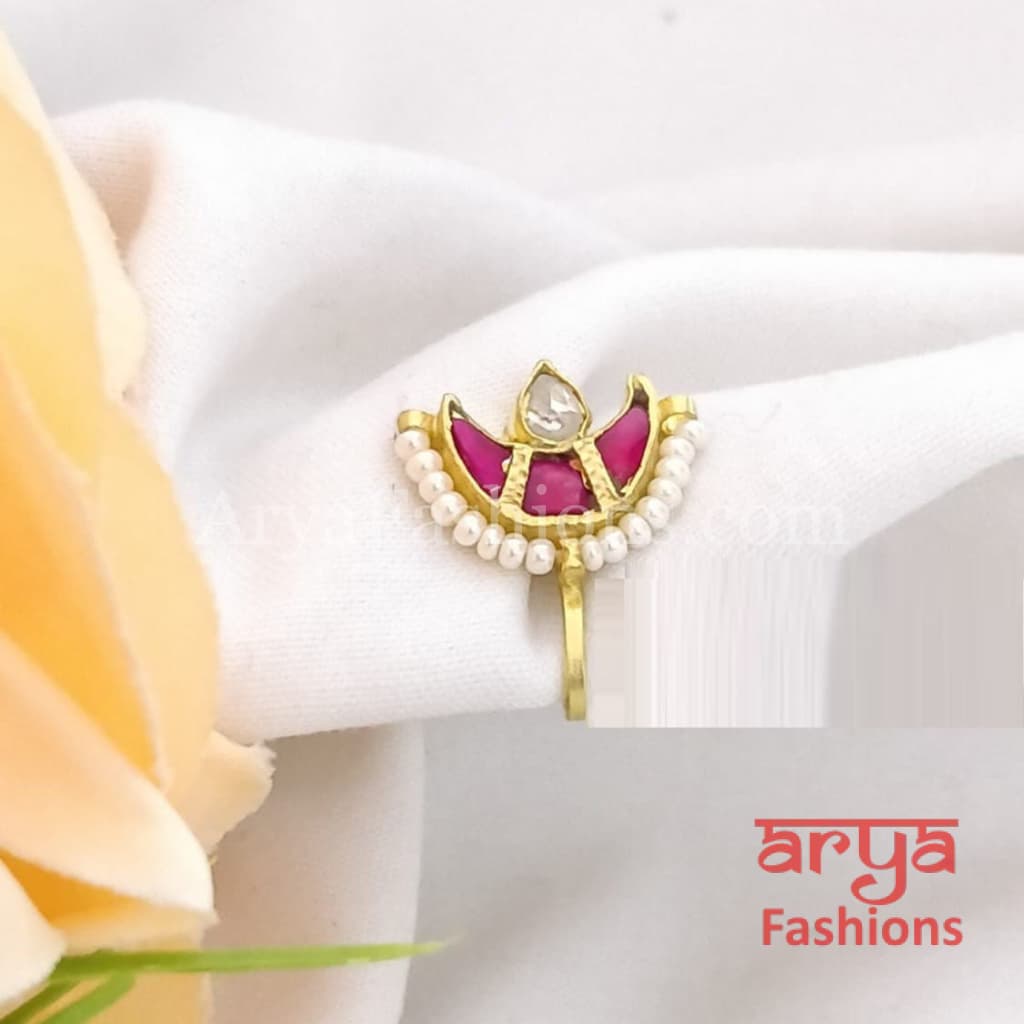 Half moon Pink Green Kundan Nose Pin