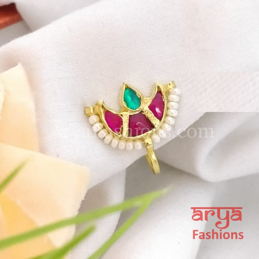 Half moon Pink Green Kundan Nose Pin
