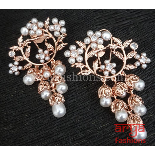 Isha CZ Pearl Silver Rose Gold Chandelier Earrings Designer Fusion Bollywood
