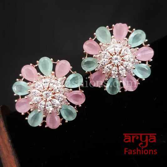 Isha CZ Studs with Silver stones in Rose Gold Finish/ Trendy Bollywood Stud