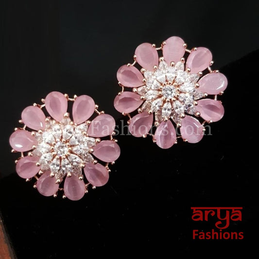 Isha CZ Studs with Silver stones in Rose Gold Finish/ Trendy Bollywood Stud