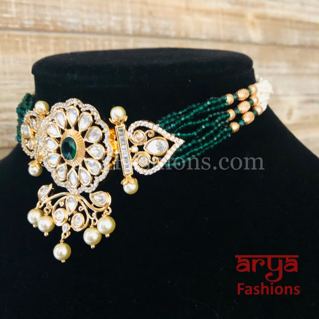 Jadau Rajwadi Pacchi Kundan CZ Choker/ Emerald Choker