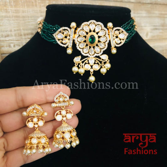 Jadau Rajwadi Pacchi Kundan CZ Choker/ Emerald Choker