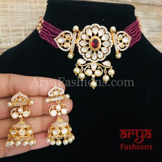 Jadau Rajwadi Pacchi Kundan CZ Choker/ Emerald Choker