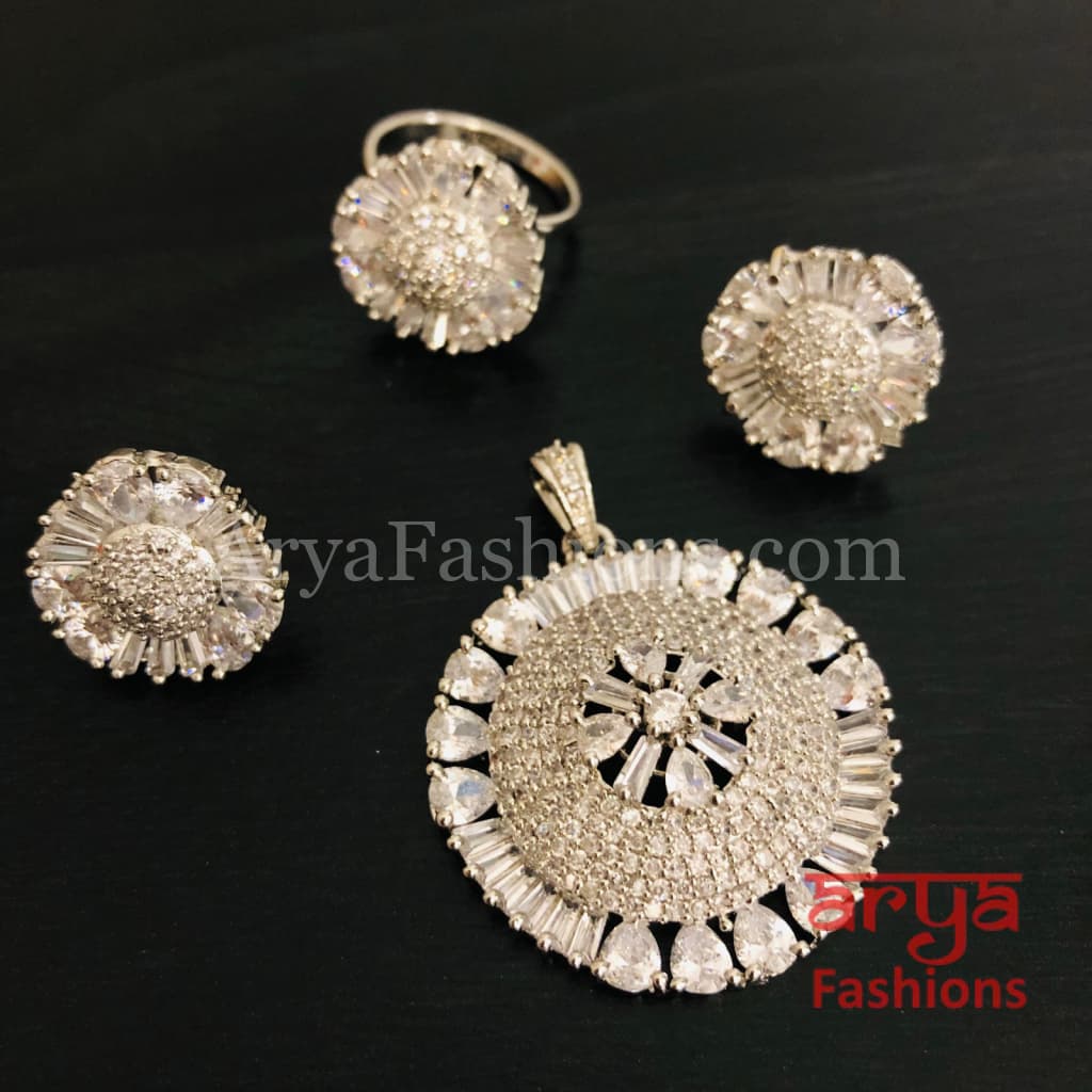 Kia Silver CZ Pendant Set with Ring and Earrings