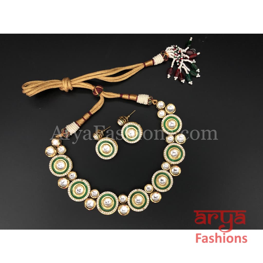 Kundan CZ Necklace with Green Meenakari