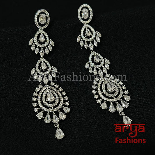 Long CZ Cocktail Chandbali Earrings/ Silver Cubic Zirconia