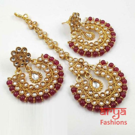 Mang Tika and Earrings Combo/ Red Green White Chandbali MangTika Combo