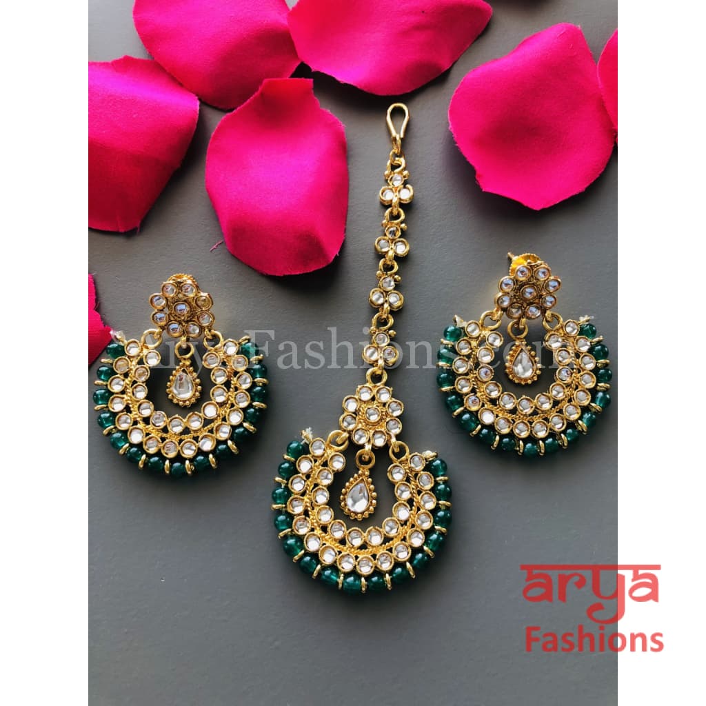 Mang Tika and Earrings Combo/ Red Green White Chandbali MangTika Combo