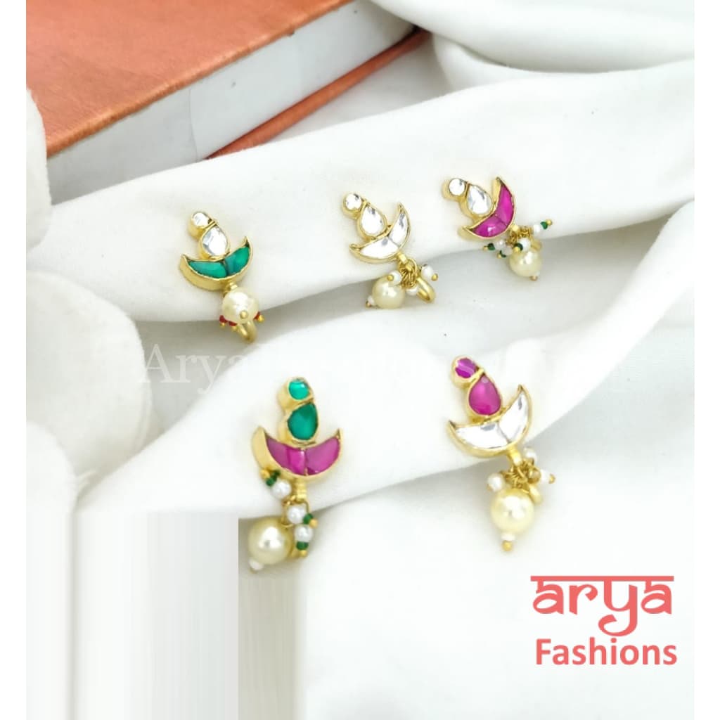 Marathi Half moon Pink Green Kundan Nose Pin