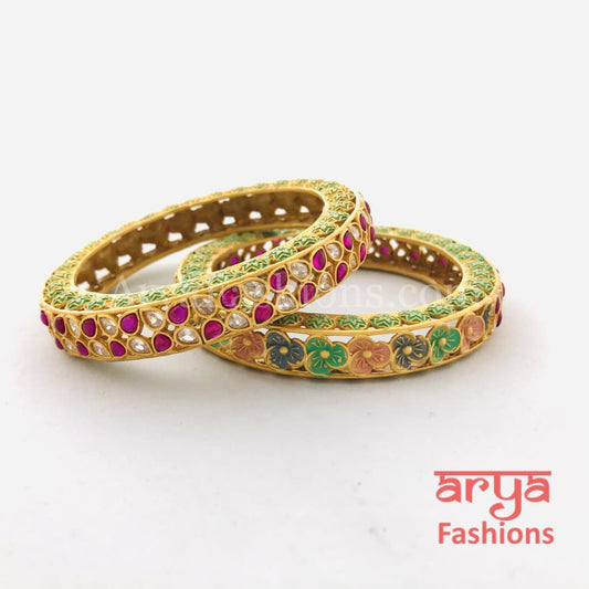 Meenakari Designer Kundan Bangles with CZ Ruby Stones