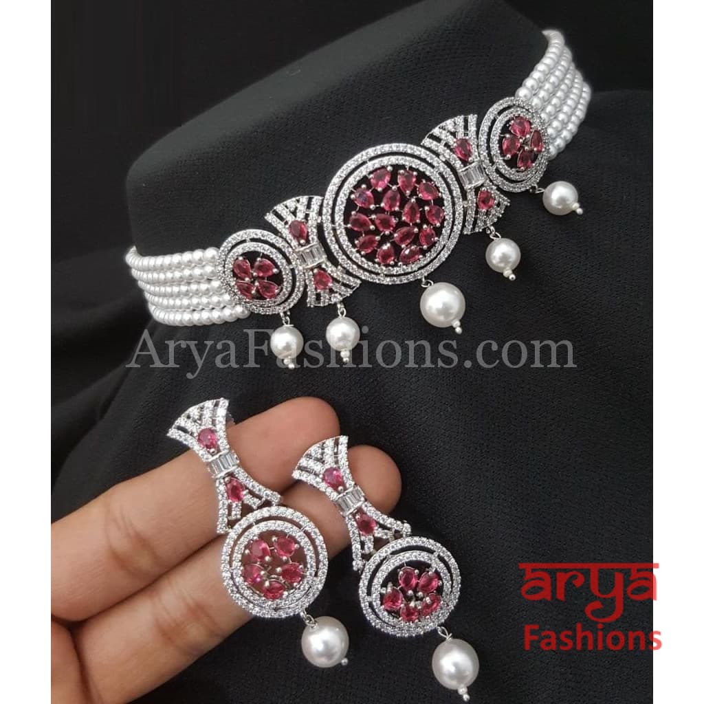 Cz Pink Diamond Choker Necklace Set