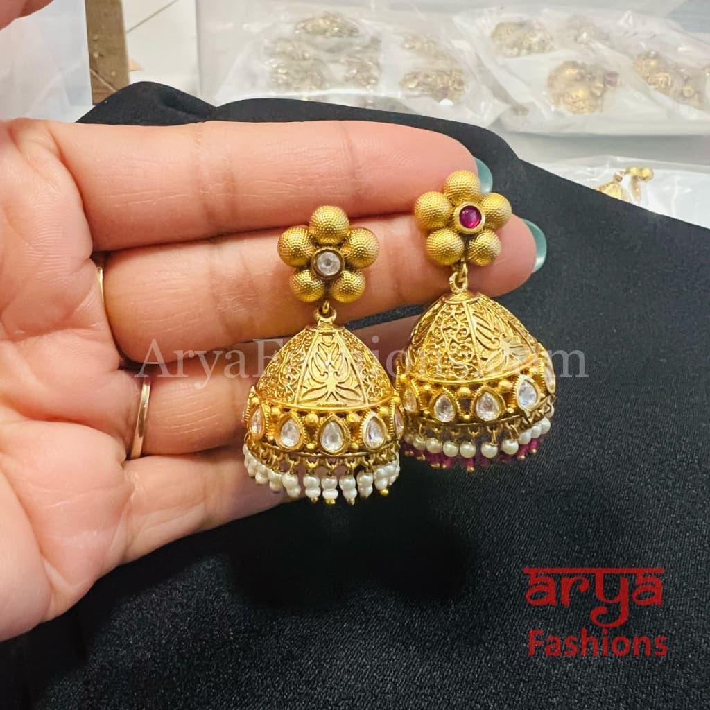 Multicolor Golden Pearl Antique Jhumka
